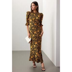RHODE Felix Maxi/Midi Dress Baroque Heart Floral Gold Black Yellow, Size 2